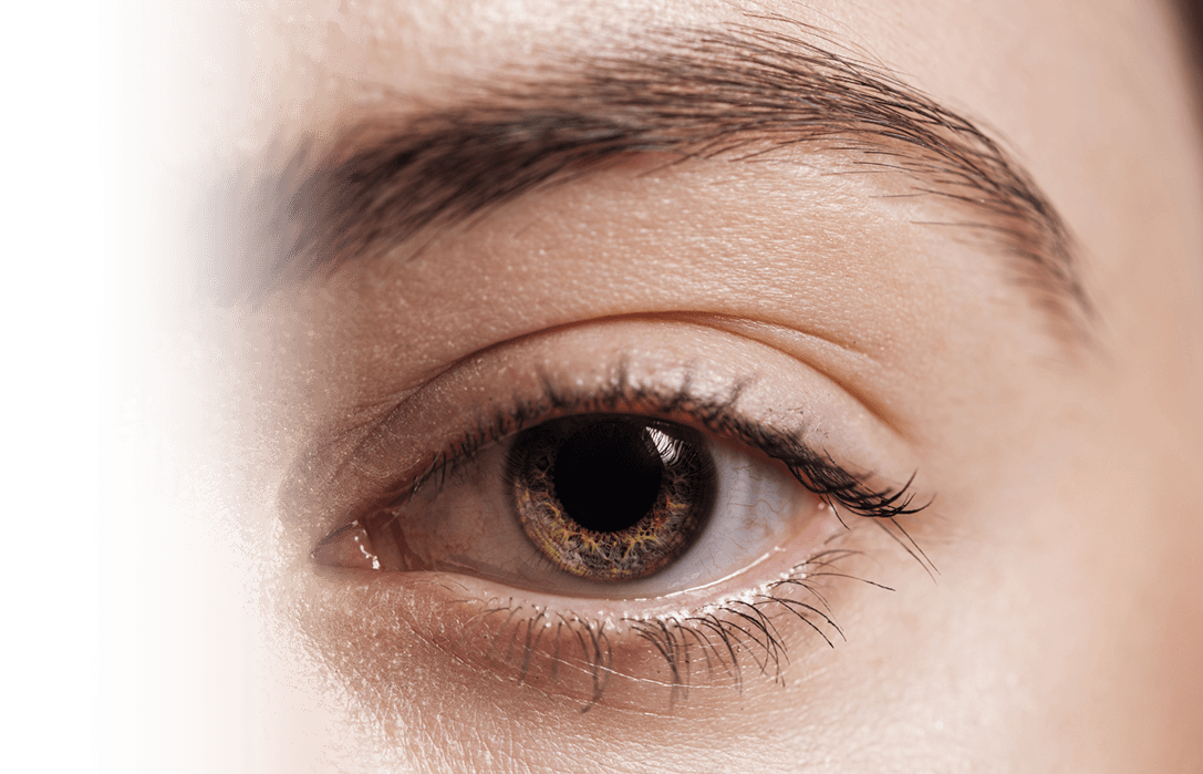 Image of a woman’s green eye and eyebrow looking into the camera